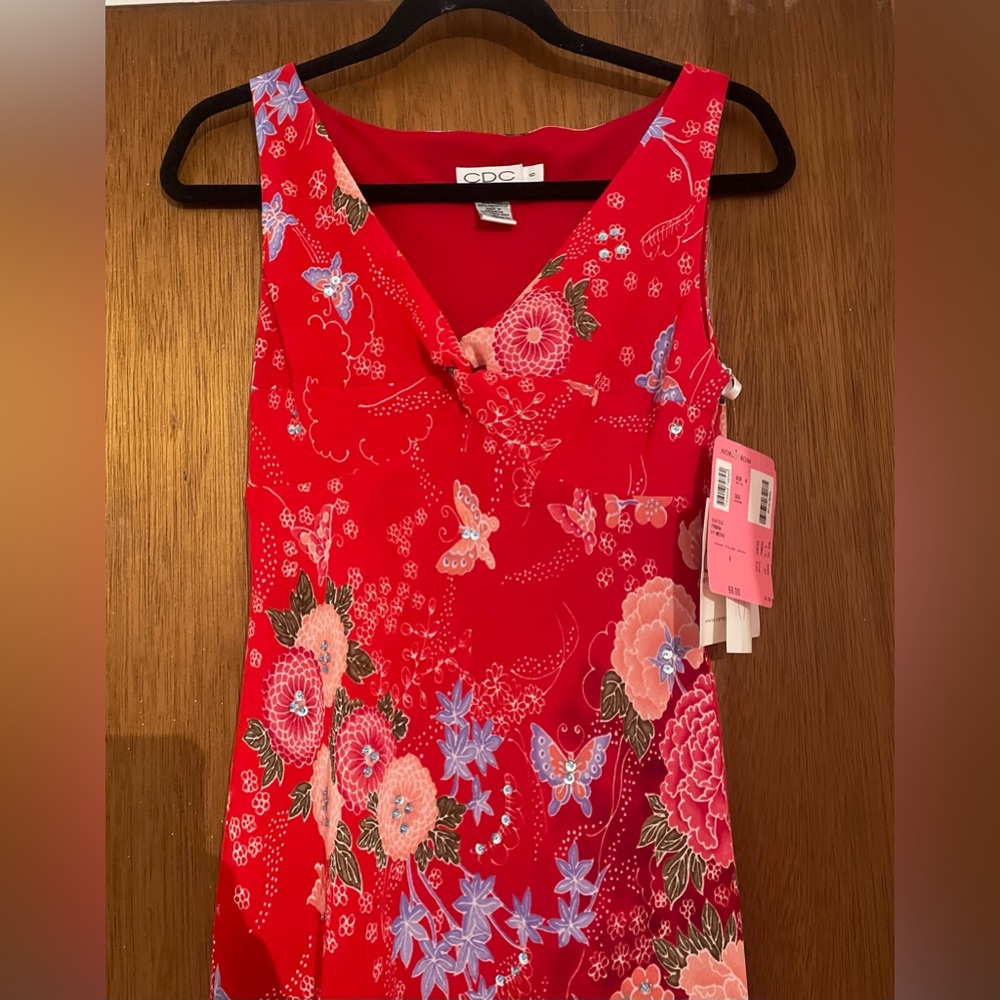 NWT Vintage Y2K CDC Bright Red Floral Butterfly Sequin Cocktail Dress - Picture 3 of 7